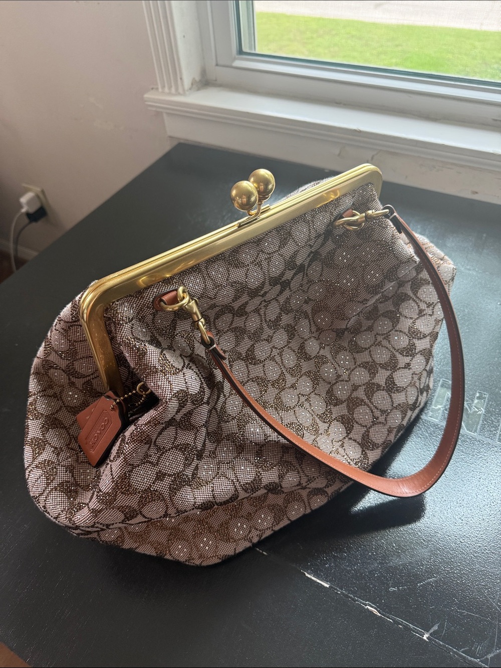 Coach Brown Signature Kisslock Clutch with Gold Hardware